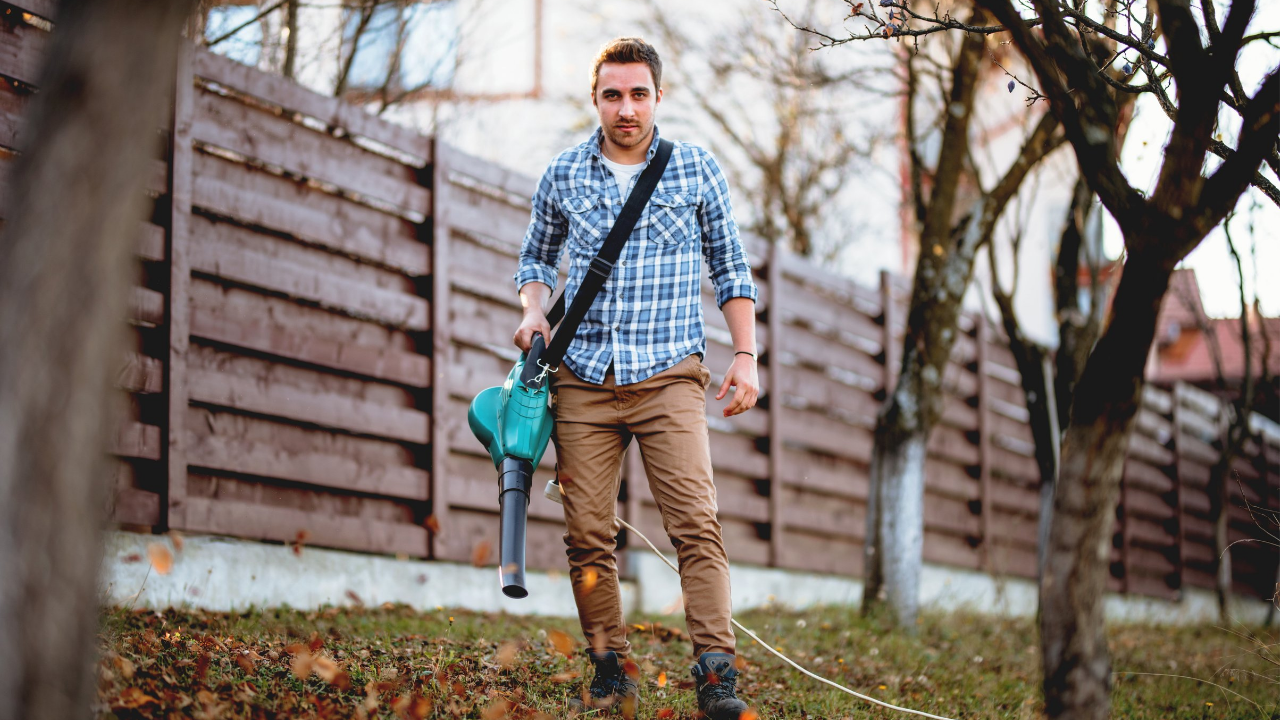 man is using garden vacuum and leaf blower